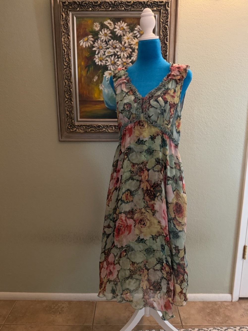 Sundance 100% Silk Dress in Light Green with Pink Accents